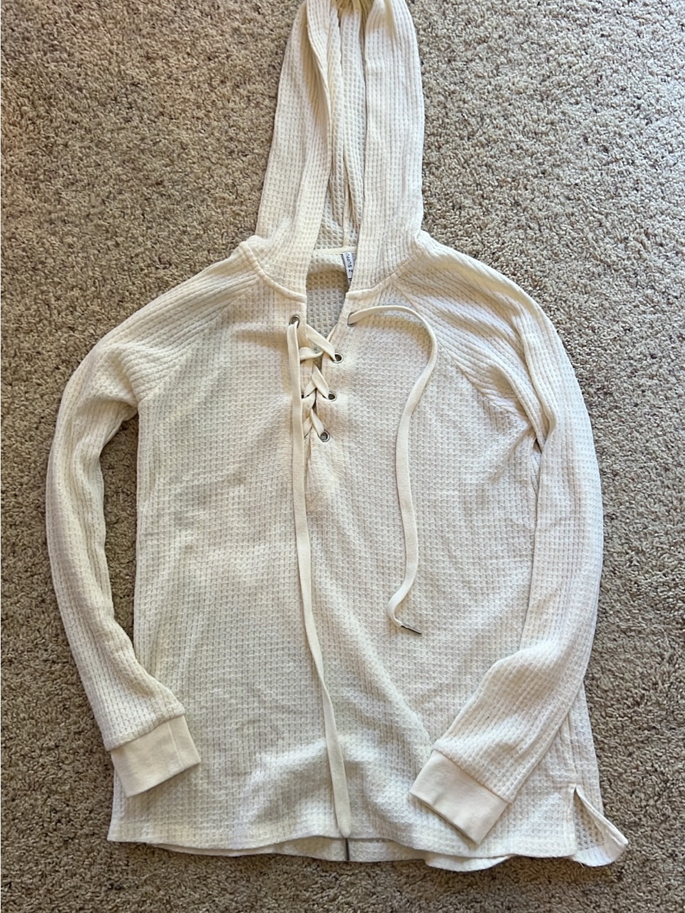 Women's Cream Waffle-Knit Hooded Lace-Up Top